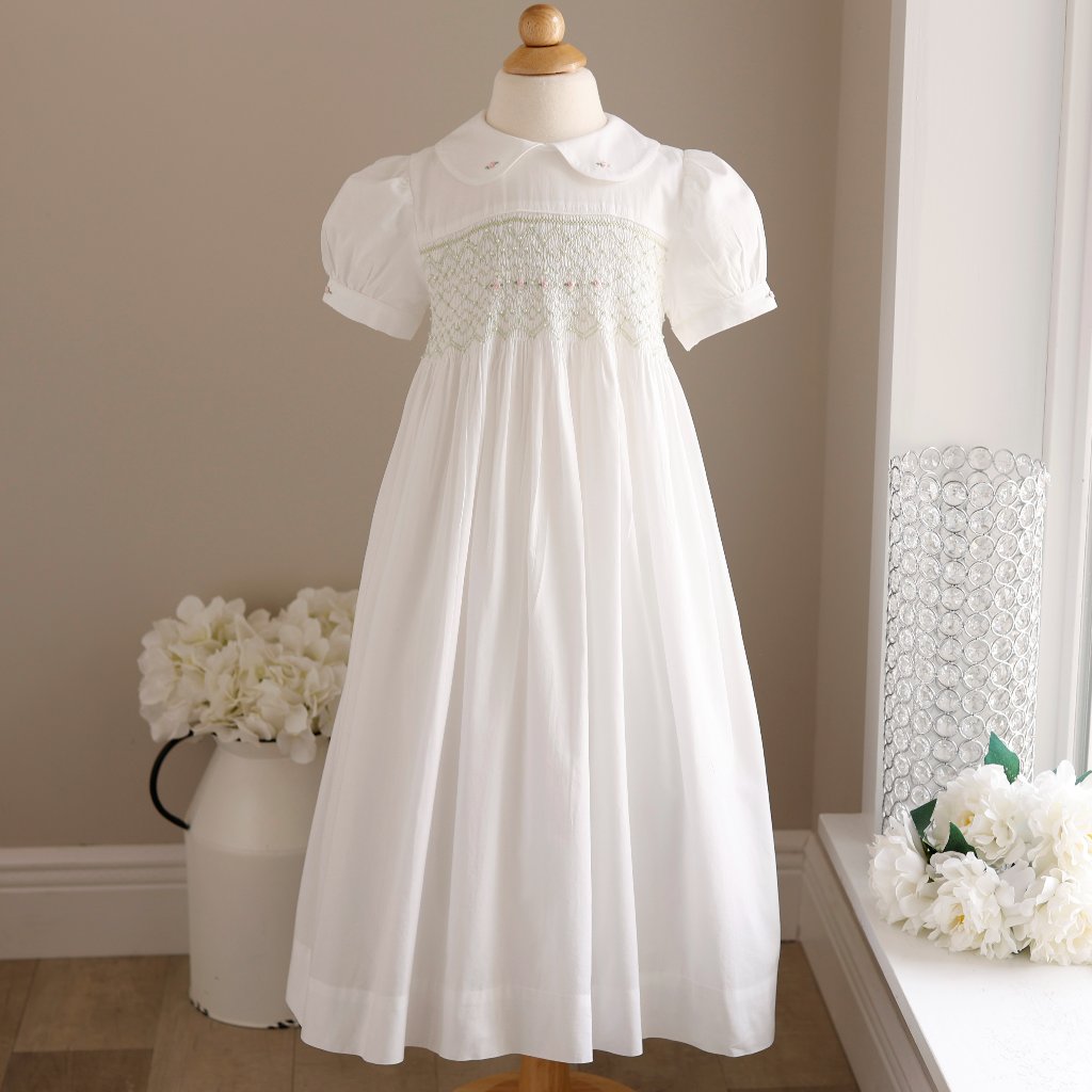 White Smocked Dress 100% Cotton Pearls Flower Girl Special Occasion Size 6 Rare